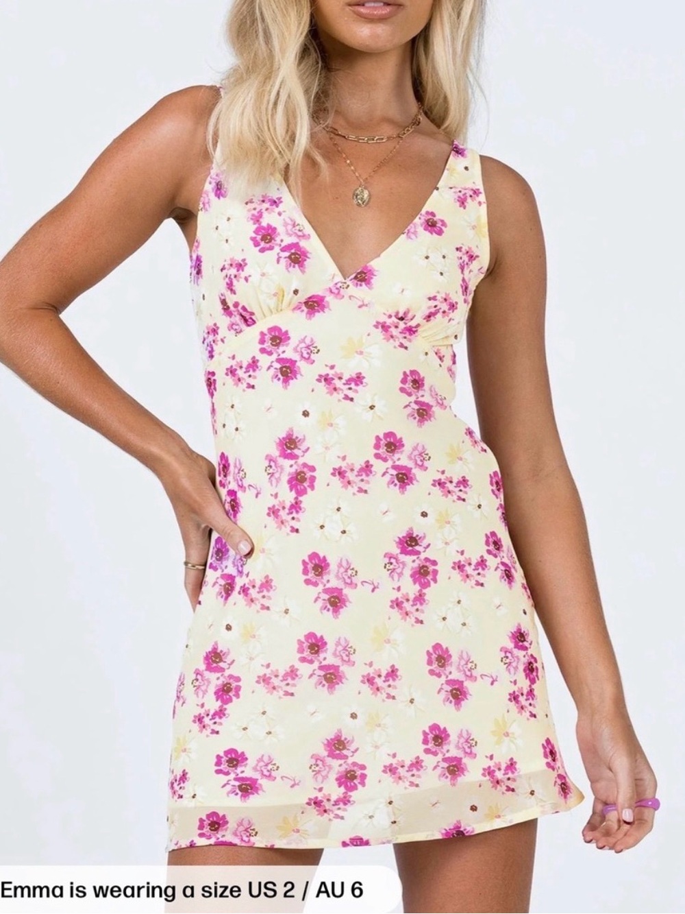 Princess Polly Yellow Mini Dress with Pink Floral Print